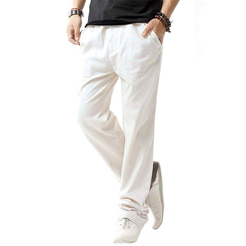 SIR7 Men's Linen Casual Lightweight Drawstrintg Elastic Waist Summer Beach Pants White L - Image 1